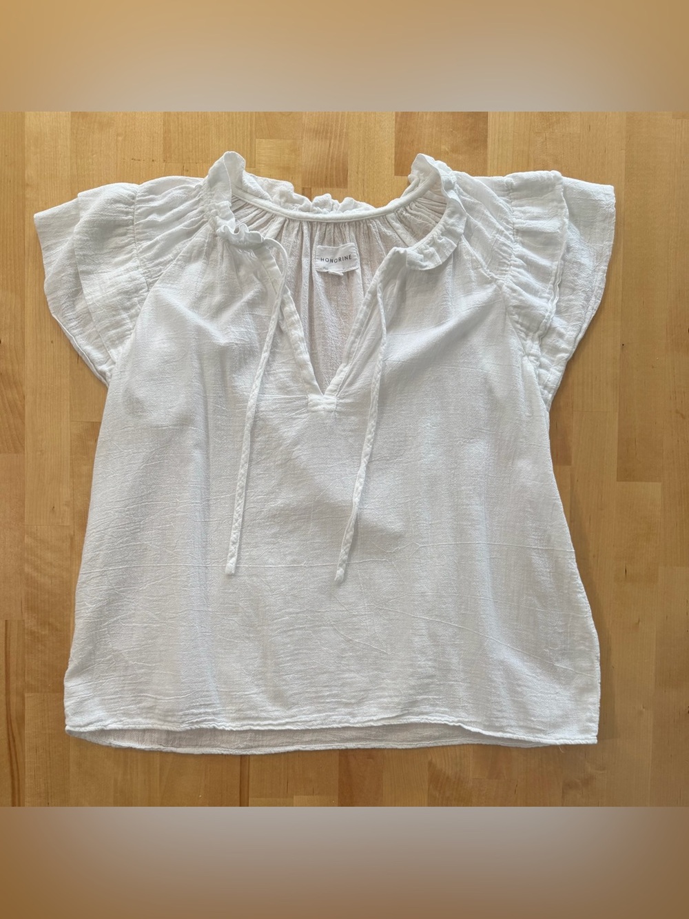Honorine Cosette White Ruffle-Tie Flutter Short Sleeve Top